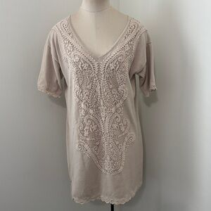 Sundance Medium Crochet Knit Dress ~ Short Sleeve V-Neck Oatmeal Minimalist
